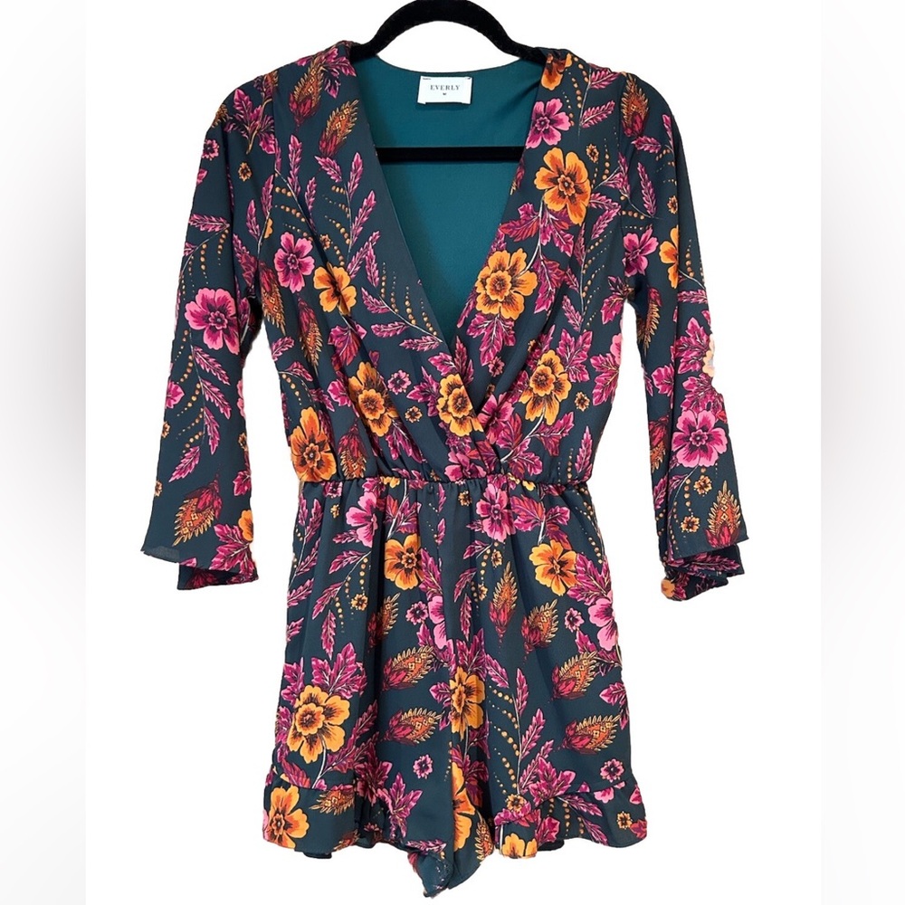 Everly Floral Mini Wrap Dress - Pink and Orange on Green
